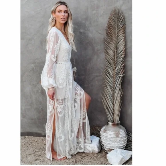 AMELLIA Bohemian White Lace Maxi Dress - Picture 3 of 16